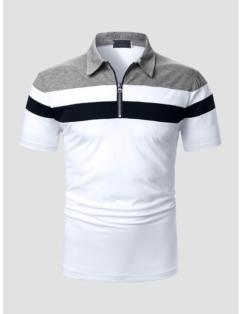 Polo Shirts - Men Colorblock Fit Front Zipper Soft Formal Business Polos Shirts