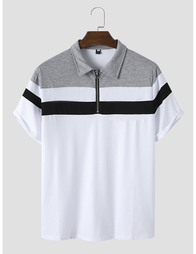 Polo Shirts - Men Colorblock Fit Front Zipper Soft Formal Business Polos Shirts