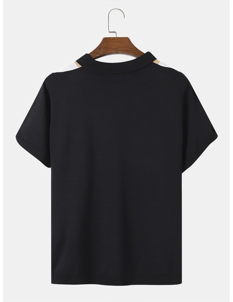 Polo Shirts - Men Colorblock Striped Print Polos Collar Zipper Short Sleeve Casual Polos Shirts