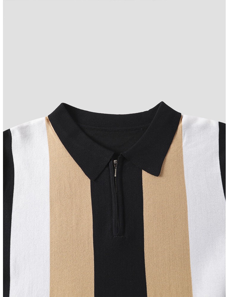 Polo Shirts - Men Colorblock Striped Print Polos Collar Zipper Short Sleeve Casual Polos Shirts