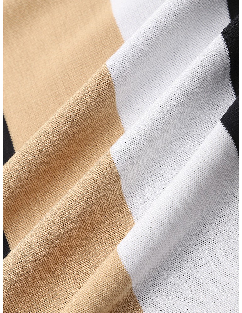 Polo Shirts - Men Colorblock Striped Print Polos Collar Zipper Short Sleeve Casual Polos Shirts