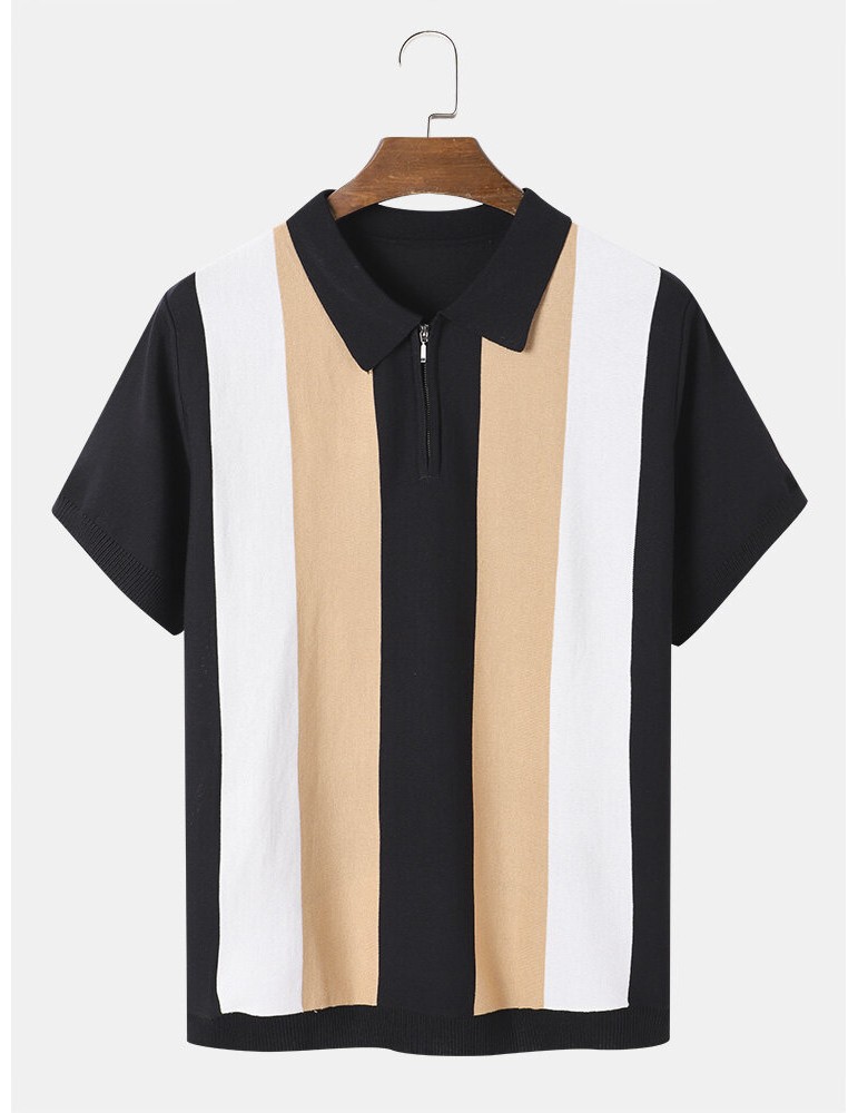 Polo Shirts - Men Colorblock Striped Print Polos Collar Zipper Short Sleeve Casual Polos Shirts