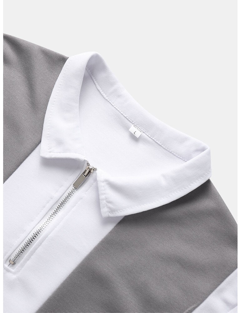 Polo Shirts - Men Contrast Colorblock Brief Front Zipper Soft Short Sleeve Polos Shirts