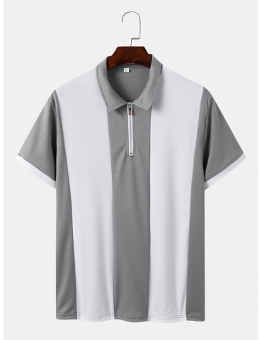 Men Contrast Colorblock Brief Front Zipper Soft Short Sleeve Polos Shirts