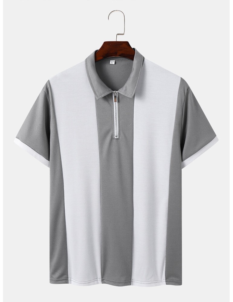 Polo Shirts - Men Contrast Colorblock Brief Front Zipper Soft Short Sleeve Polos Shirts