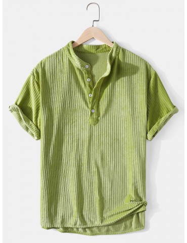 Corduroy Mens Solid Color Texture Short Sleeve Casual Henley Shirts