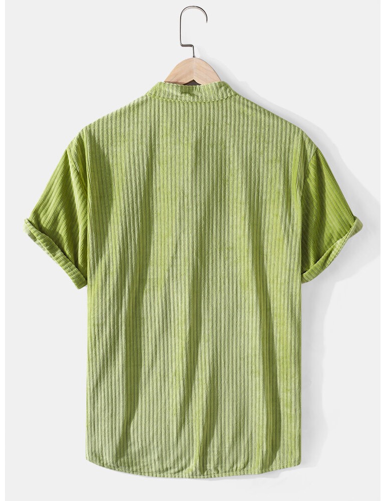 Corduroy Mens Solid Color Texture Short Sleeve Casual Henley Shirts