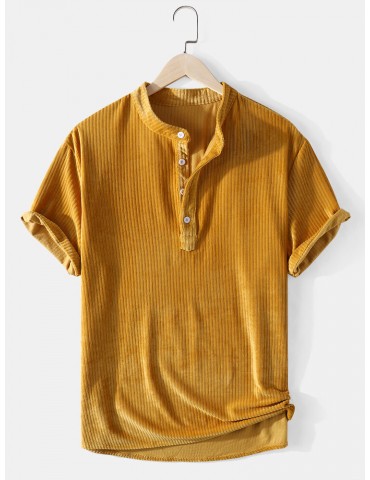 Corduroy Mens Solid Color Texture Short Sleeve Casual Henley Shirts
