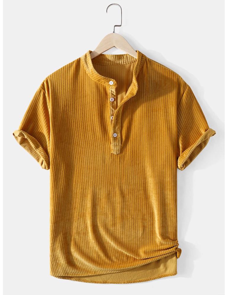 Corduroy Mens Solid Color Texture Short Sleeve Casual Henley Shirts
