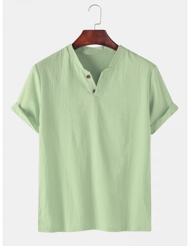 Men 100% Cotton Solid Color Short Sleeve Casual Henley Shirts