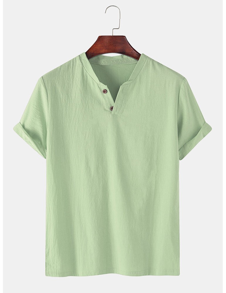 Henley Shirts - Men 100% Cotton Solid Color Short Sleeve Casual Henley Shirts