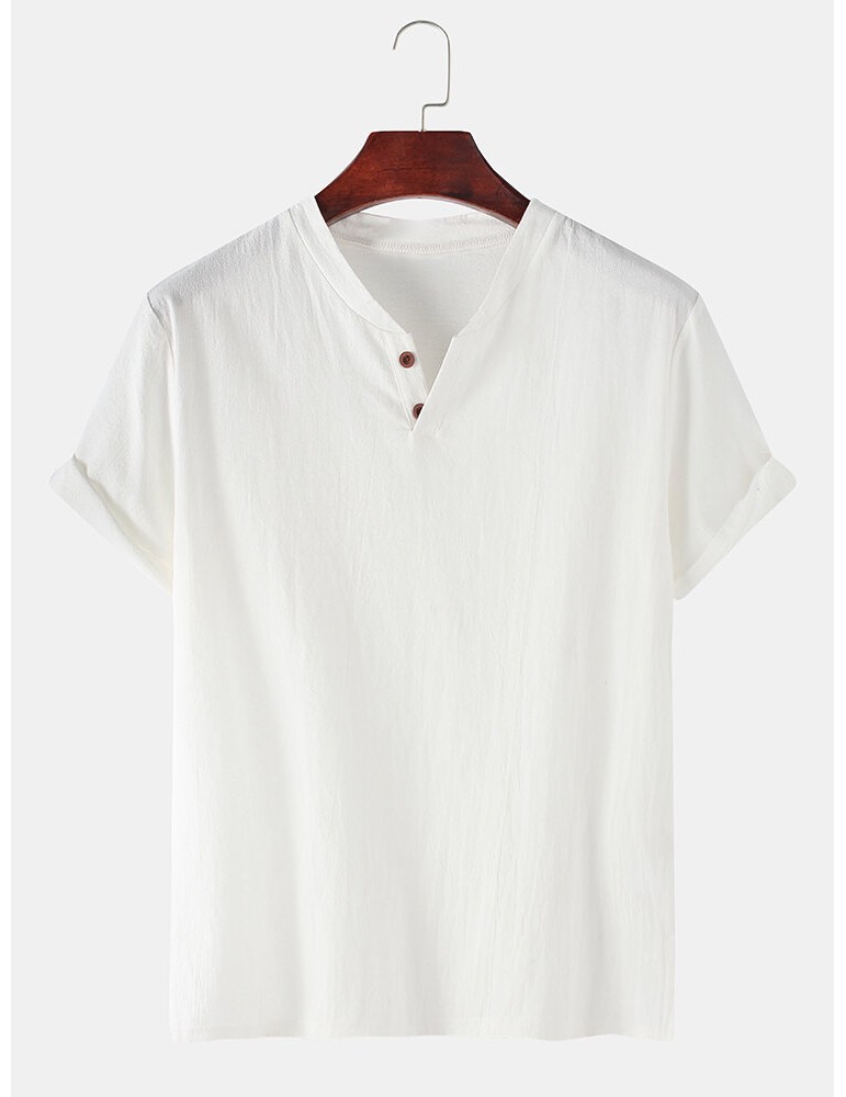 Henley Shirts - Men 100% Cotton Solid Color Short Sleeve Casual Henley Shirts
