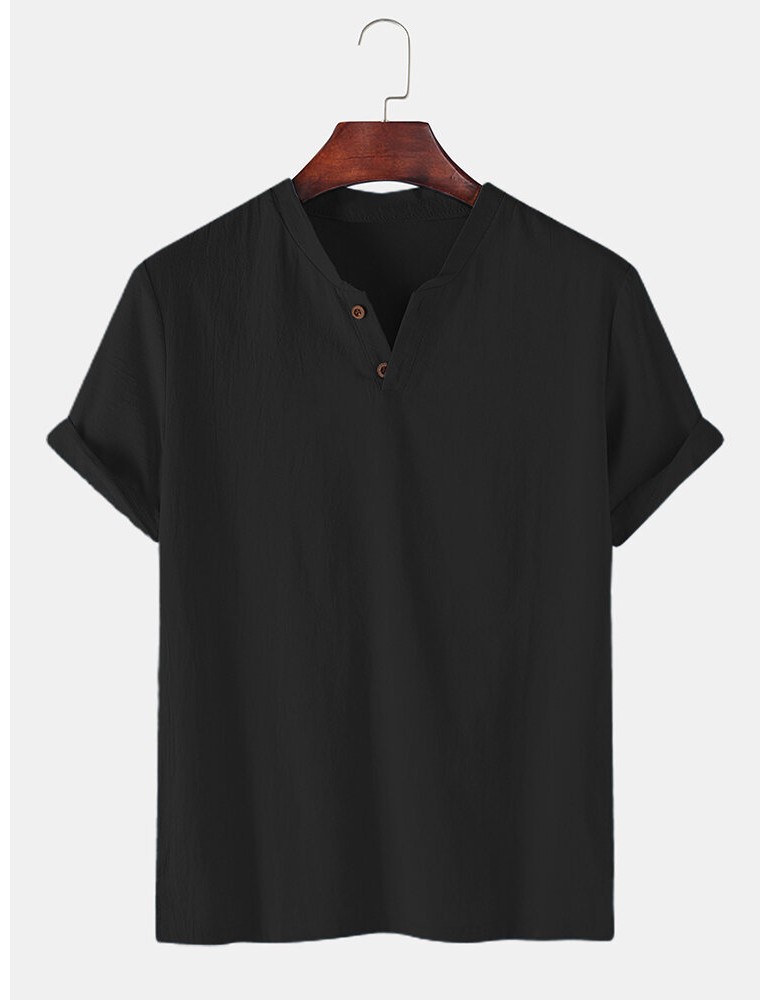 Henley Shirts - Men 100% Cotton Solid Color Short Sleeve Casual Henley Shirts