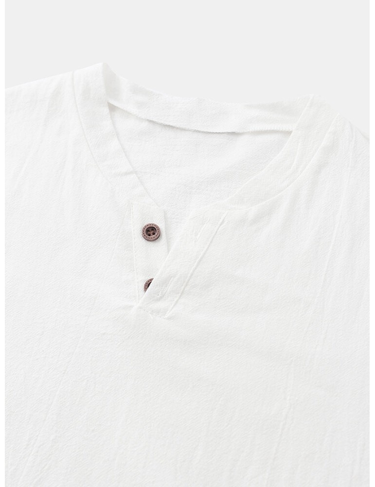 Henley Shirts - Men 100% Cotton Solid Color Short Sleeve Casual Henley Shirts