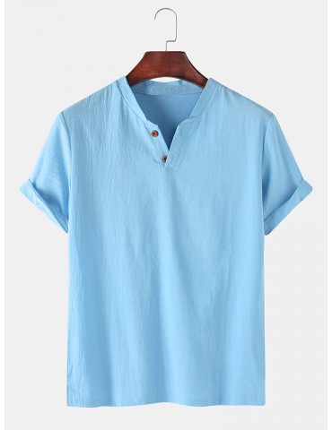 Men 100% Cotton Solid Color Short Sleeve Casual Henley Shirts