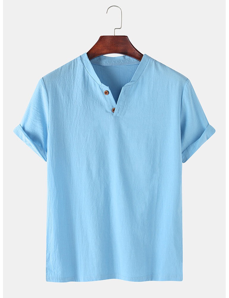 Henley Shirts - Men 100% Cotton Solid Color Short Sleeve Casual Henley Shirts