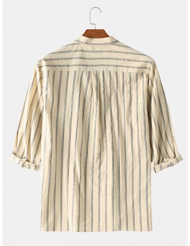 Mens 100% Cotton Striped Henley Collar Mid Sleeve Shirts