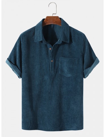 Mens Corduroy Solid Color Lapel Short Sleeve Henley Shirt
