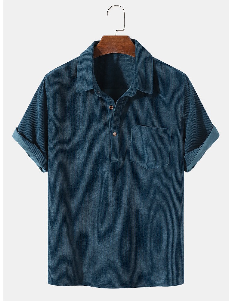 Mens Corduroy Solid Color Lapel Short Sleeve Henley Shirt