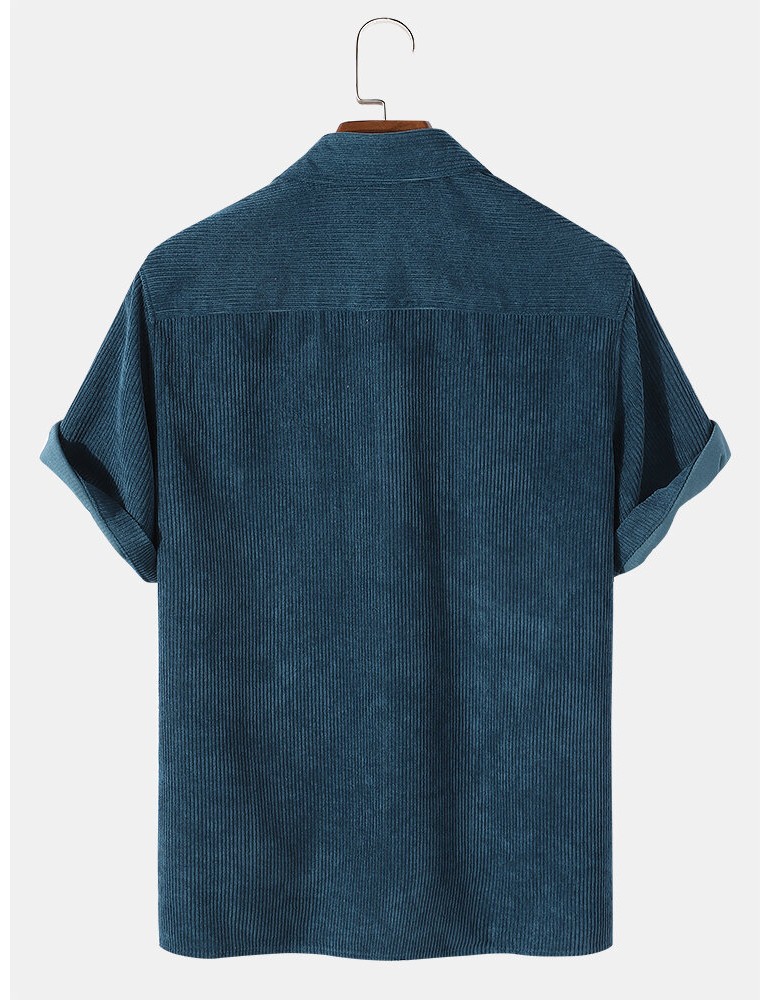 Mens Corduroy Solid Color Lapel Short Sleeve Henley Shirt