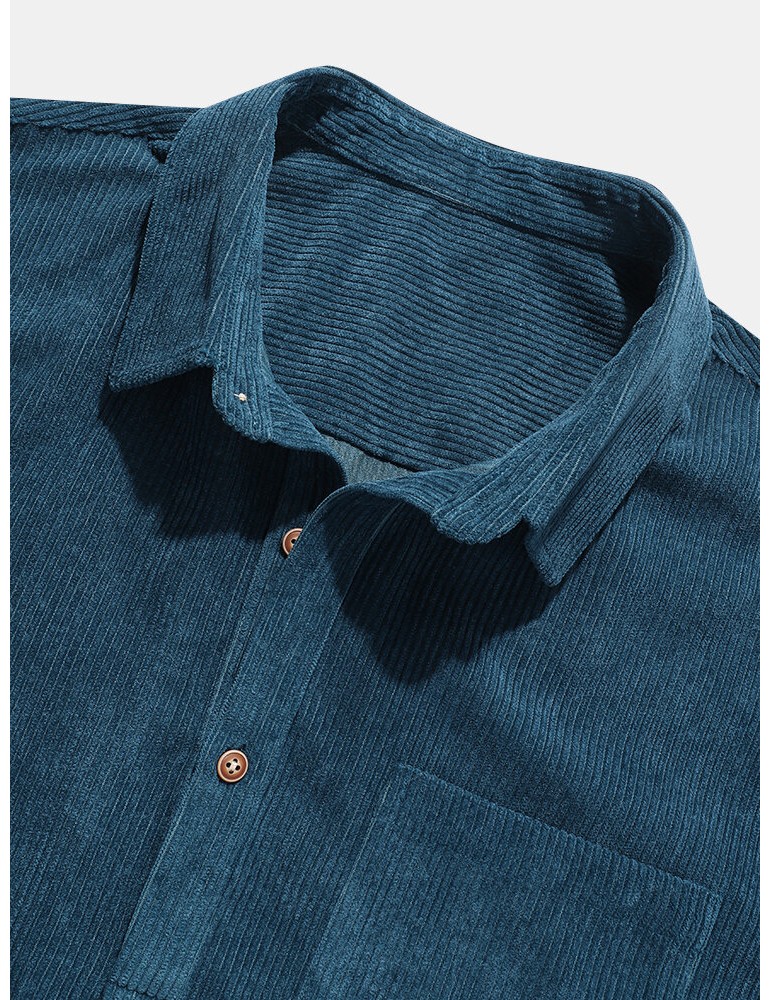 Mens Corduroy Solid Color Lapel Short Sleeve Henley Shirt