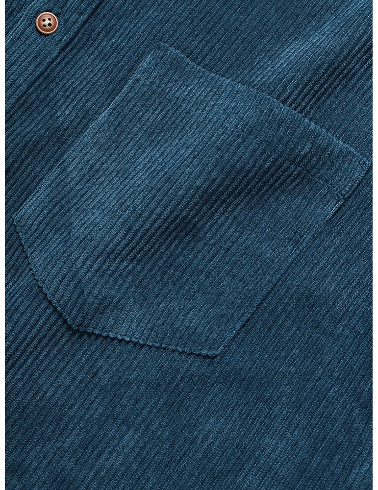 Mens Corduroy Solid Color Lapel Short Sleeve Henley Shirt