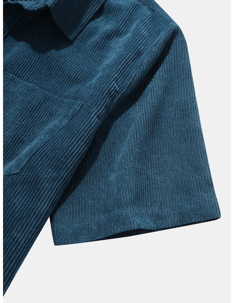 Mens Corduroy Solid Color Lapel Short Sleeve Henley Shirt