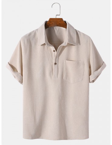 Mens Corduroy Solid Color Lapel Short Sleeve Henley Shirt