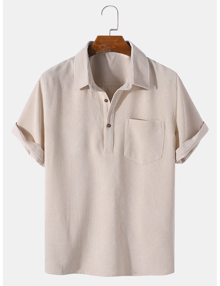 Mens Corduroy Solid Color Lapel Short Sleeve Henley Shirt