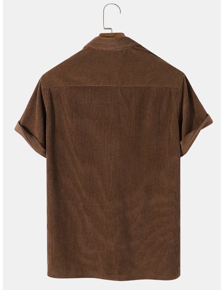 Mens Solid Color Basic Style Corduroy Lapel Short Sleeve Henley Shirt