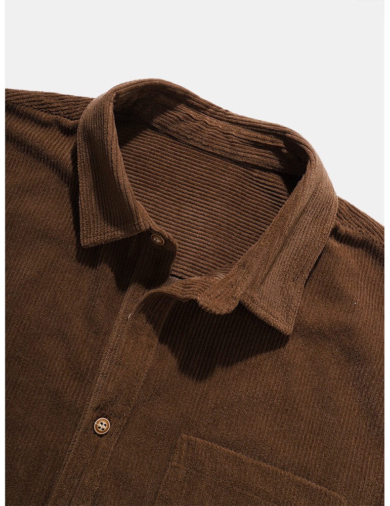 Mens Solid Color Basic Style Corduroy Lapel Short Sleeve Henley Shirt