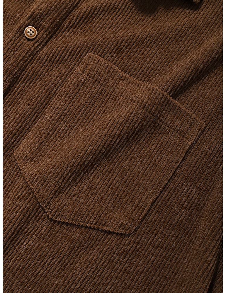 Mens Solid Color Basic Style Corduroy Lapel Short Sleeve Henley Shirt