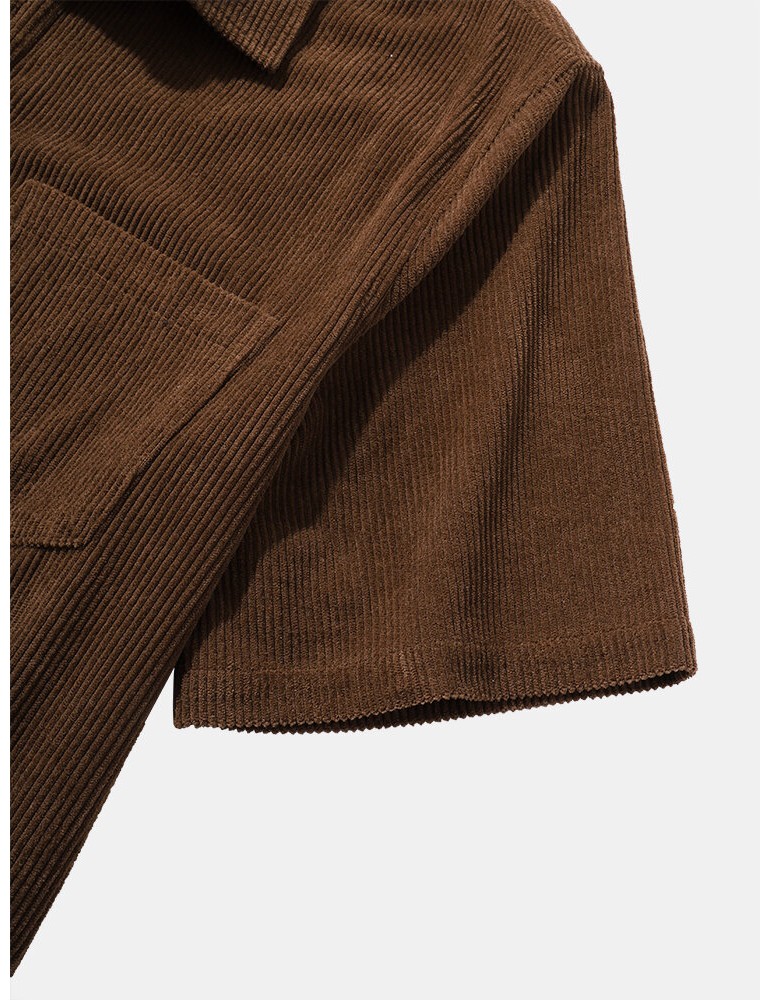 Mens Solid Color Basic Style Corduroy Lapel Short Sleeve Henley Shirt