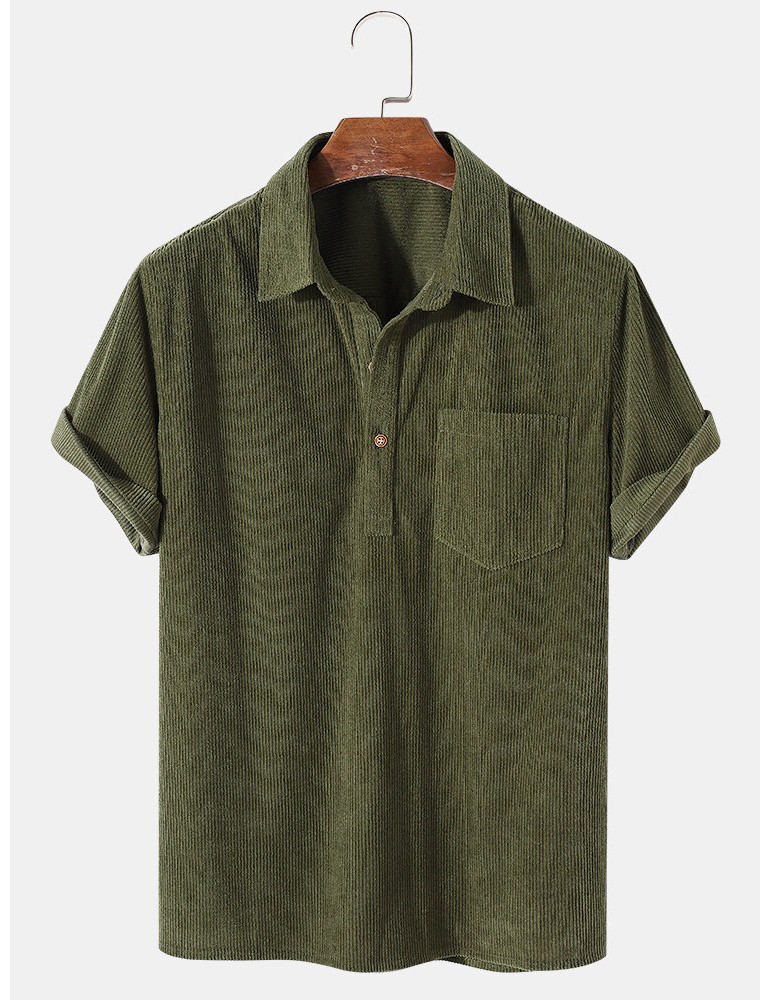 Mens Solid Color Basic Style Corduroy Lapel Short Sleeve Henley Shirt
