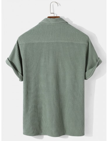 Mens Solid Color Waffle Casual Lapel Short Sleeve Henley Shirt