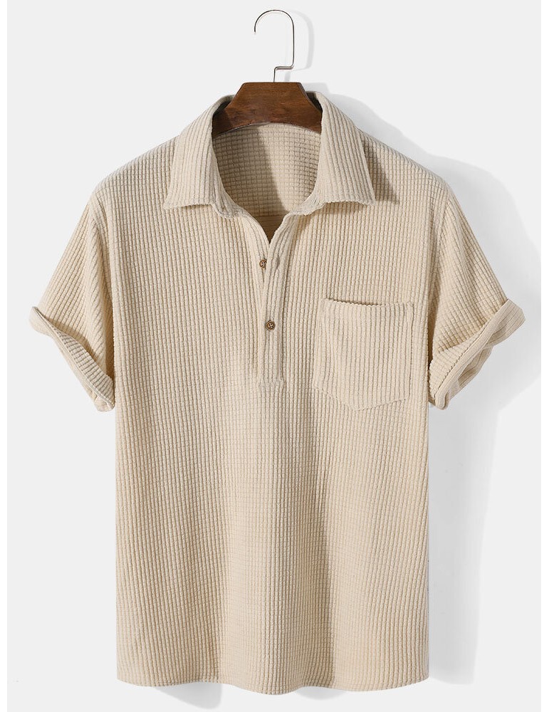 Mens Solid Color Waffle Casual Lapel Short Sleeve Henley Shirt