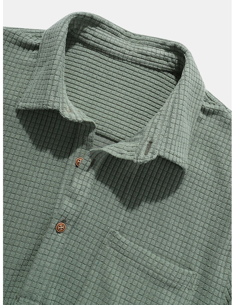 Mens Solid Color Waffle Casual Lapel Short Sleeve Henley Shirt