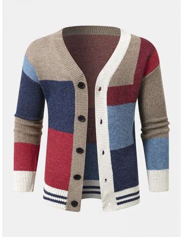 Men Knitted Patchwork Color Block Button V-neck Casual Sweaters