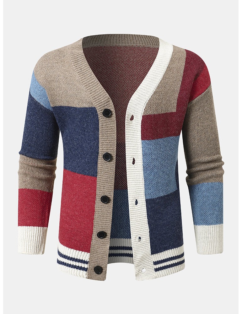 Sweaters - Men Knitted Patchwork Color Block Button V-neck Casual Sweaters