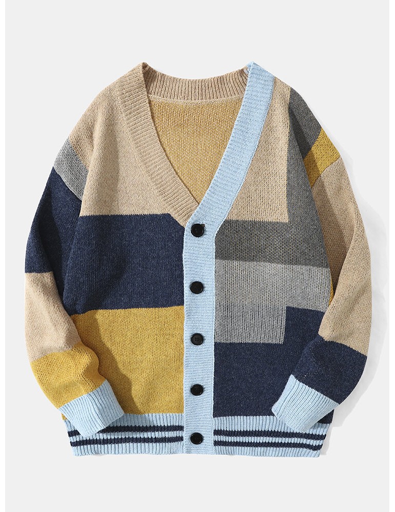 Sweaters - Men Knitted Patchwork Color Block Button V-neck Casual Sweaters