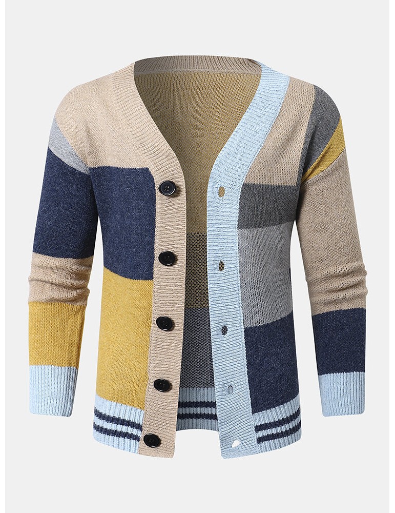 Sweaters - Men Knitted Patchwork Color Block Button V-neck Casual Sweaters