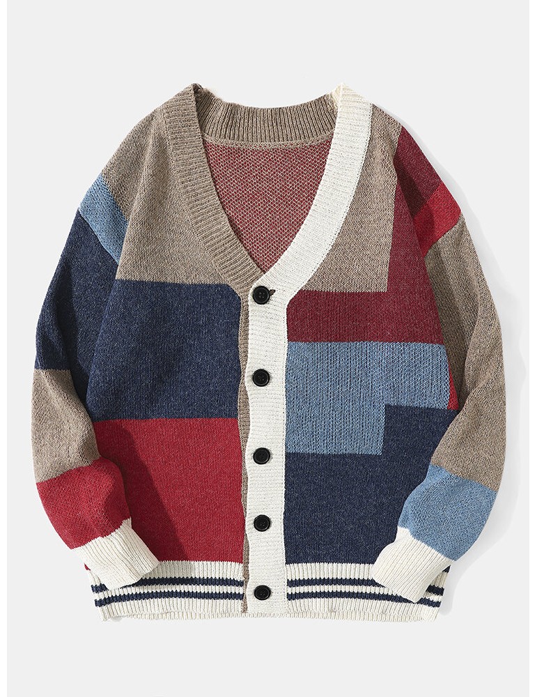 Sweaters - Men Knitted Patchwork Color Block Button V-neck Casual Sweaters