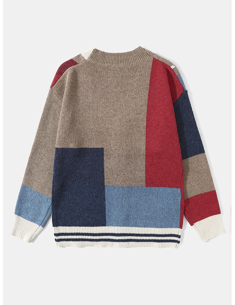 Sweaters - Men Knitted Patchwork Color Block Button V-neck Casual Sweaters