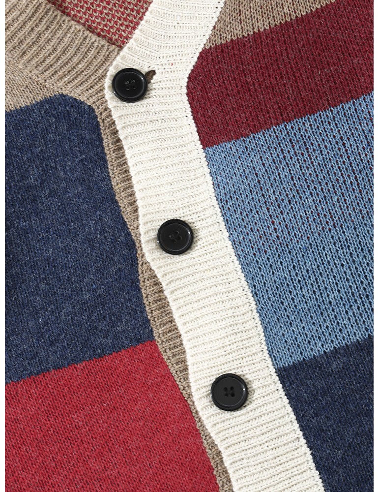 Sweaters - Men Knitted Patchwork Color Block Button V-neck Casual Sweaters