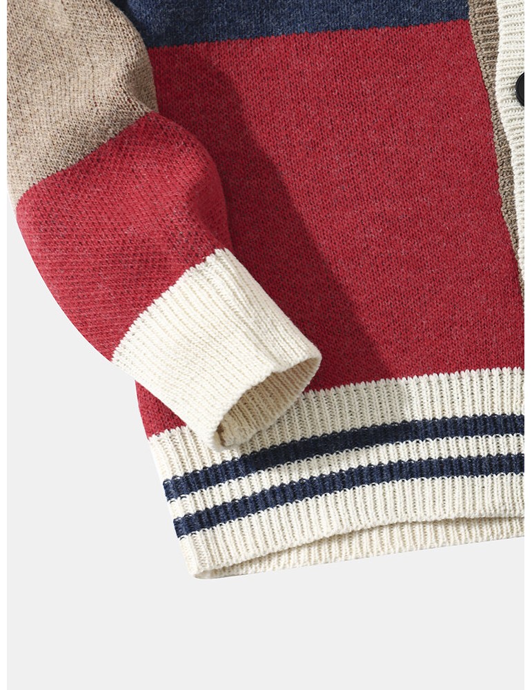 Sweaters - Men Knitted Patchwork Color Block Button V-neck Casual Sweaters