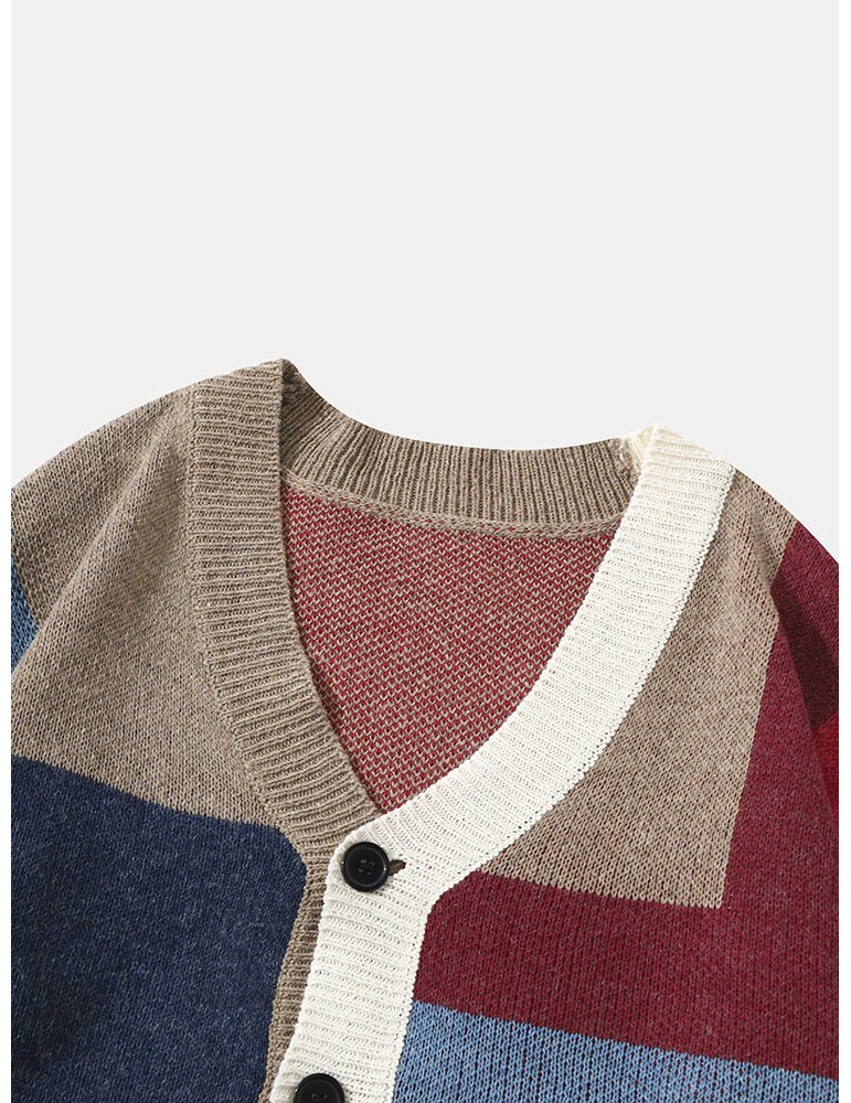 Sweaters - Men Knitted Patchwork Color Block Button V-neck Casual Sweaters