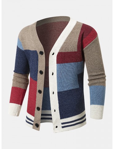 Men Knitted Patchwork Color Block Button V-neck Casual Sweaters