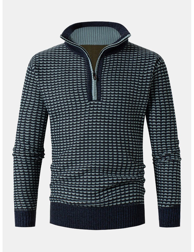 Sweaters - Men Vintage Knitted Stand Collar Contrast Color Plus Velvets Half Zipper Sweater Sweaters