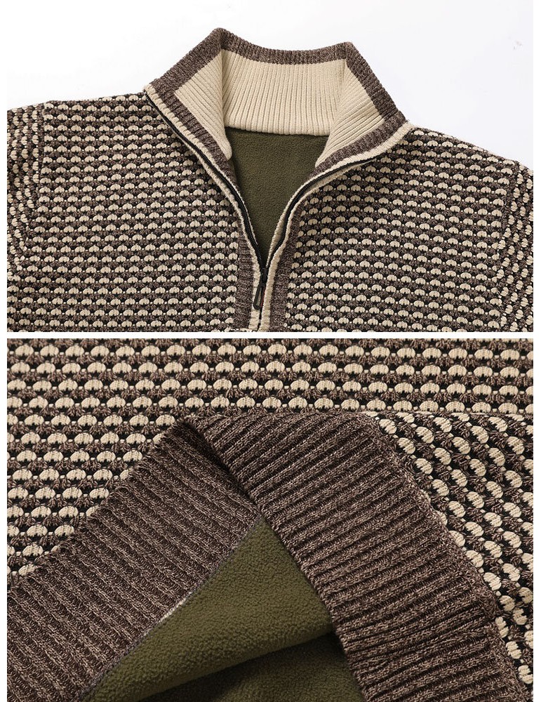 Sweaters - Men Vintage Knitted Stand Collar Contrast Color Plus Velvets Half Zipper Sweater Sweaters