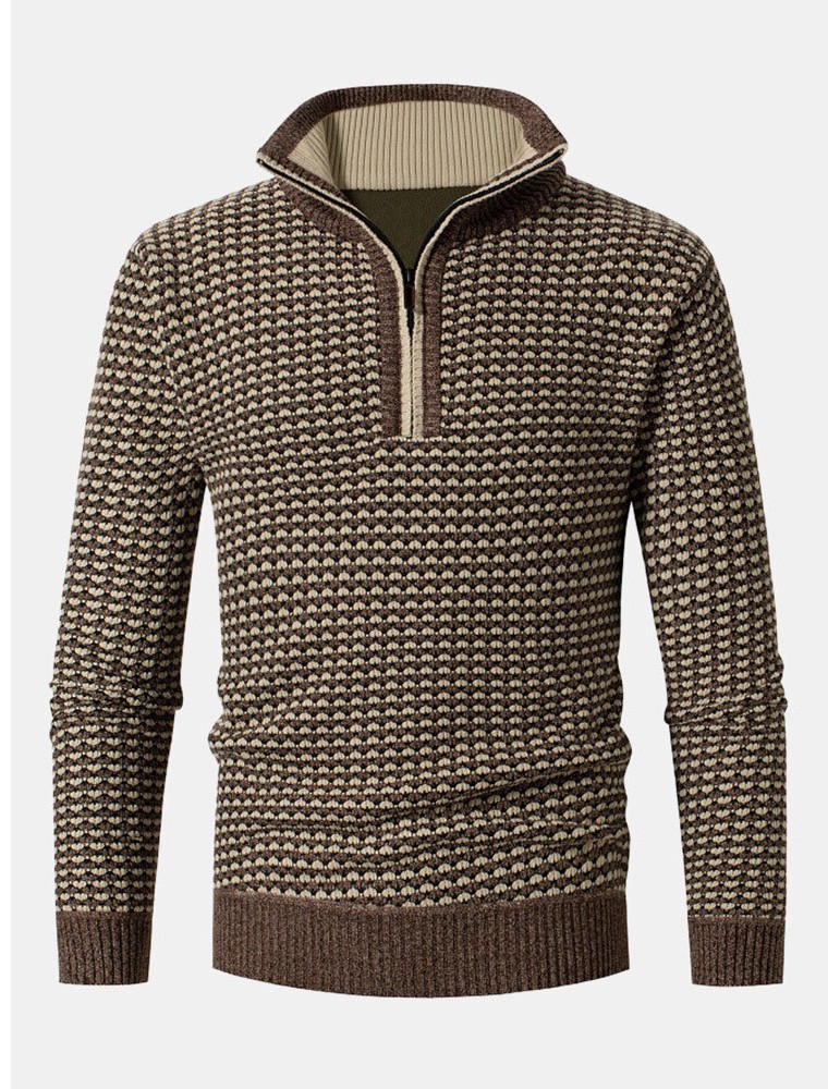 Sweaters - Men Vintage Knitted Stand Collar Contrast Color Plus Velvets Half Zipper Sweater Sweaters
